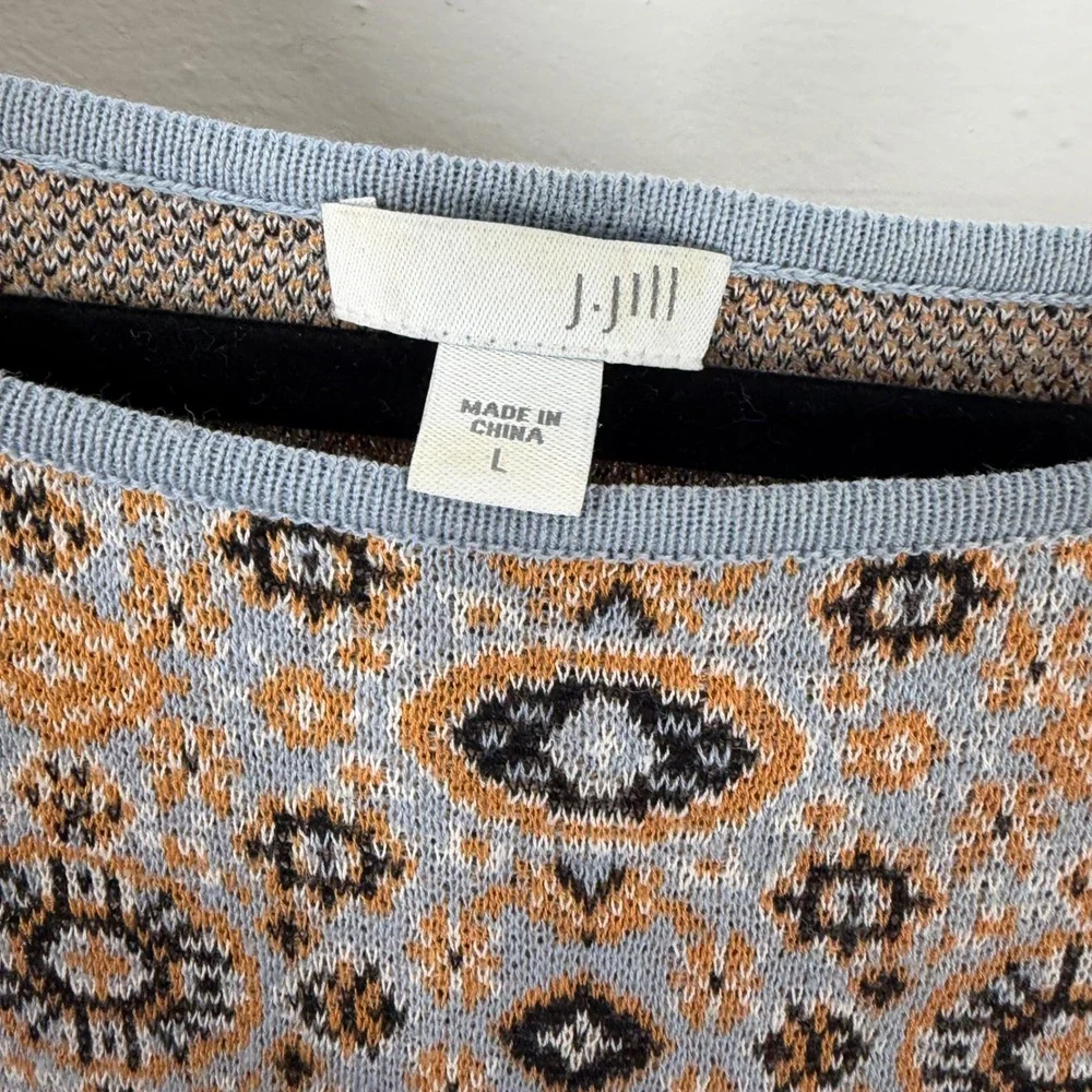 J Jill Large Linen Cotton Knit Sweater 3/4‎ Sleeve Boho Lagenlook Geometric